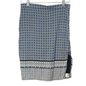 Max Studio pull on skirt blue white bohemian print wide slit lined size small